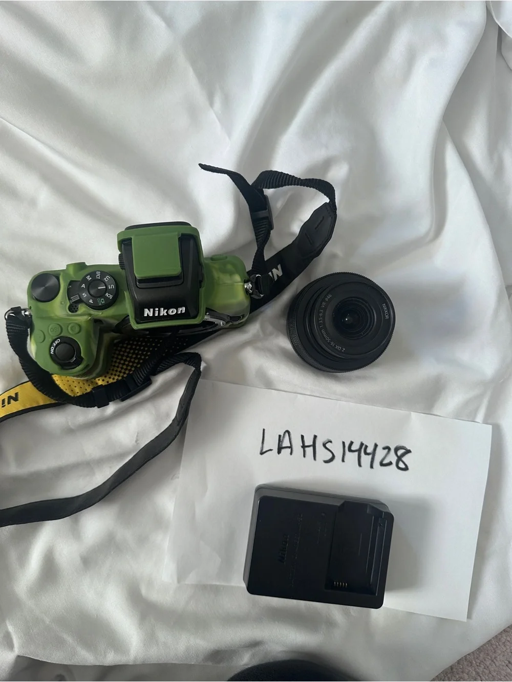 Nikon Digital Camera Body with Green Camo Skin and Yellow Nikon Strap